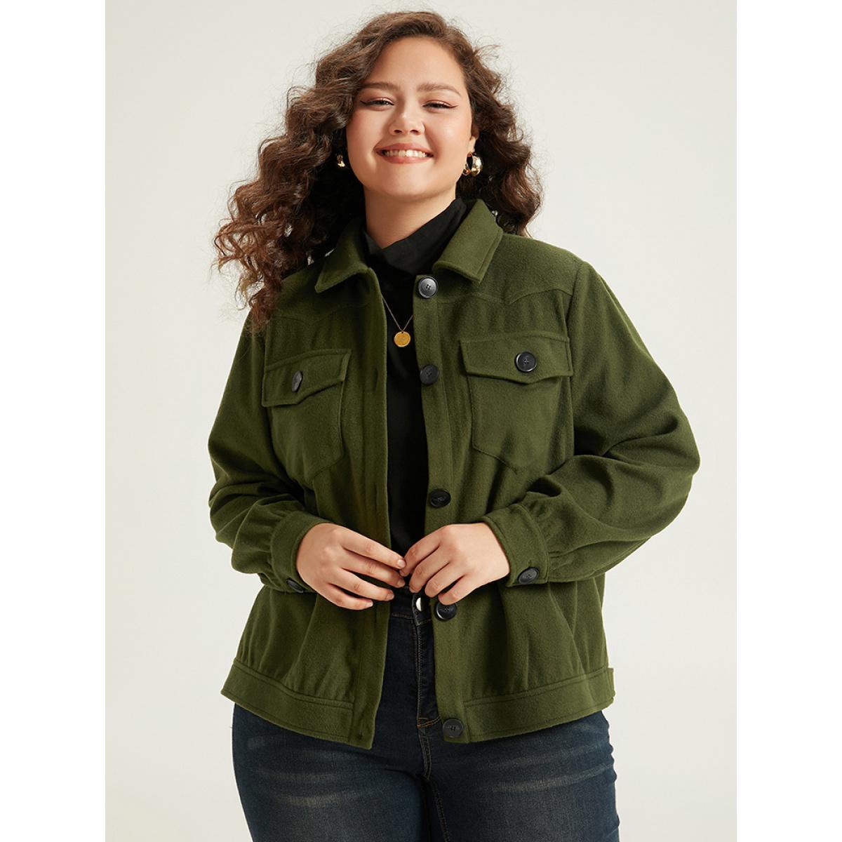 Plus Size Plain Pocket Button Up Shacket Women ArmyGreen Plain Pocket Everyday Jackets BloomChic 14-16/1X Product Image