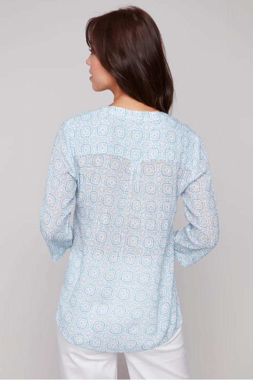 Printed Roll Up Sleeve Cotton Gauze Blouse Product Image
