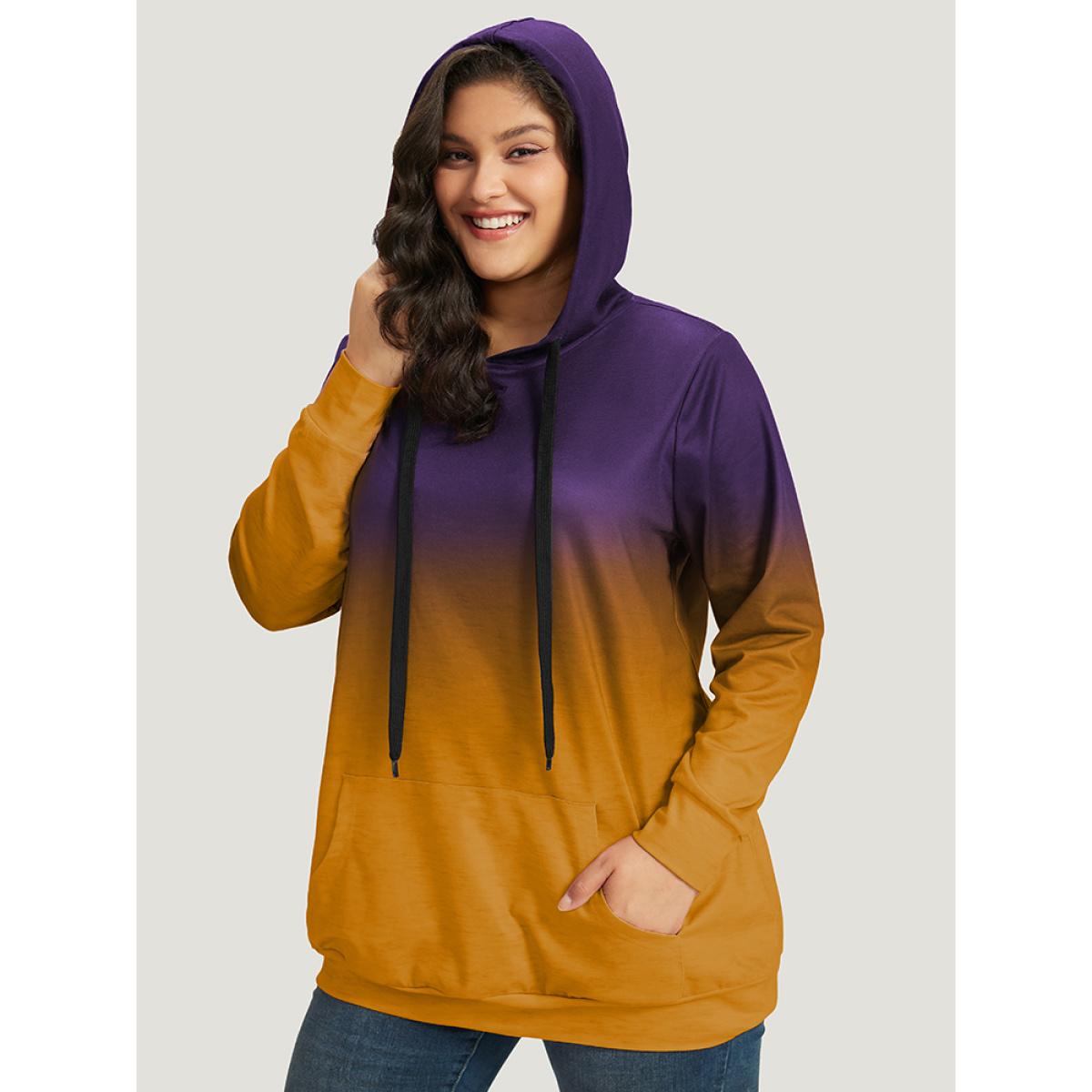 Plus Size Ombre Pocket Drawstring Hooded Sweatshirt Women Blackcurrant Casual Elastic cuffs Hooded Everyday Sweatshirts BloomChic 14-16/1X Product Image