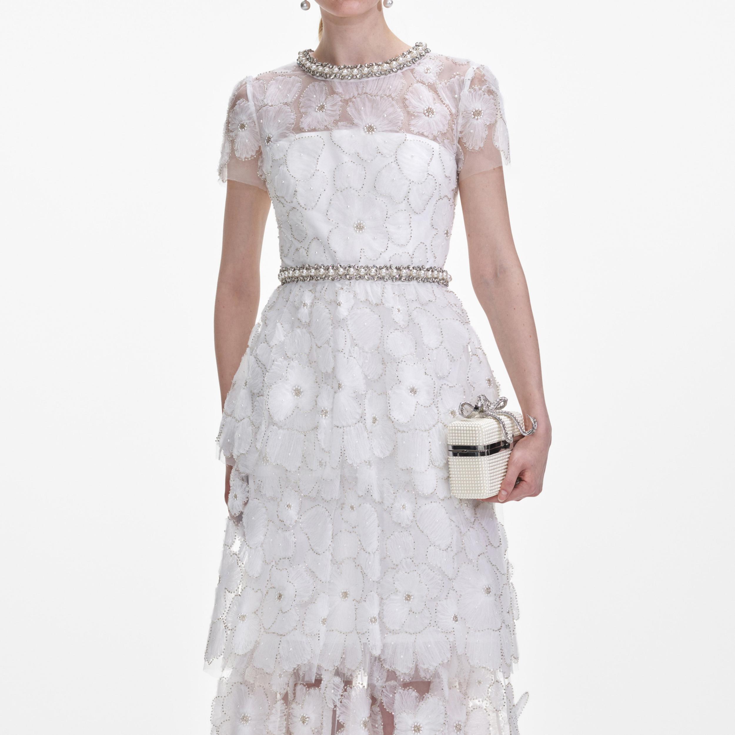 White Embellished Tulle Tiered Midi Dress Product Image