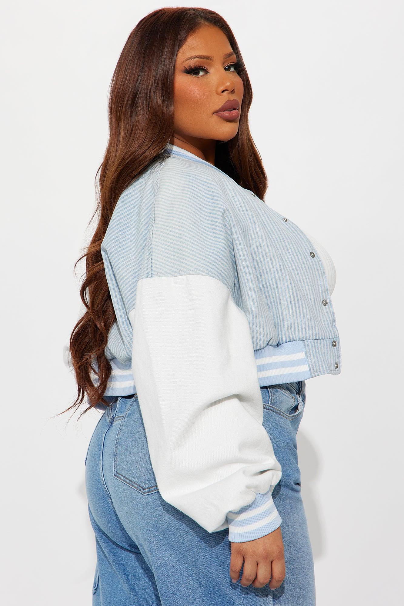So Classic Cropped Pinstripe Denim Jacket - Blue/combo Product Image