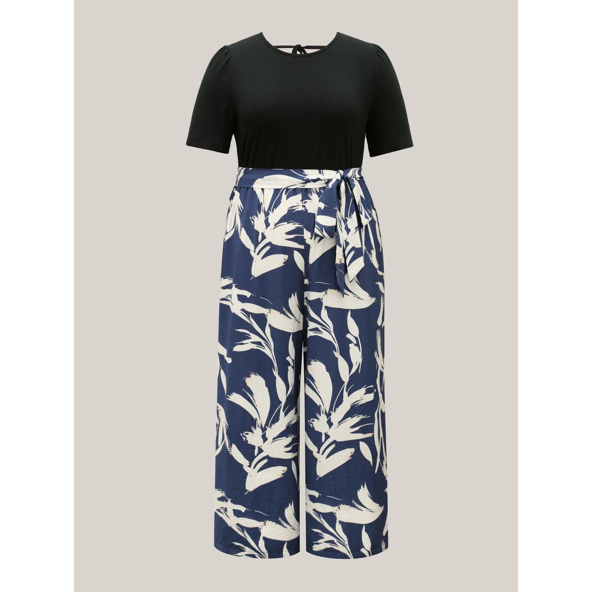 Plus Size Black Feather Print Contrast Pockets Belted Jumpsuit Women Short sleeve Round Neck Work Loose Jumpsuits BloomChic 14-16/1X Product Image