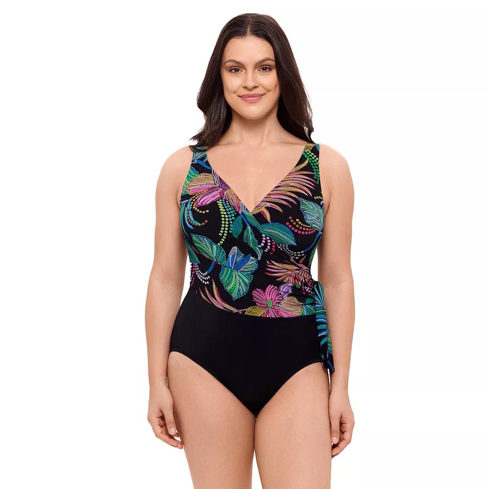 Women's Great Lengths Sequin Floral Draped Side Tie Surplice One-Piece Swimsuit, Size: 22 Product Image
