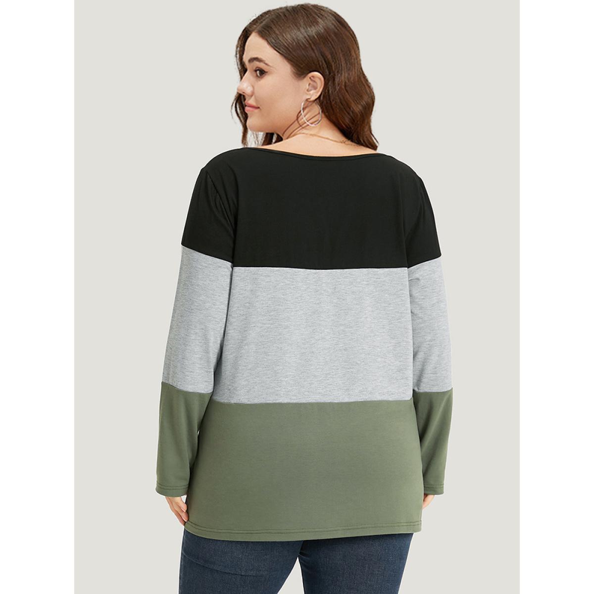 Plus Size Colorblock Contrast Notched Long Sleeve T-shirt Multicolor Women Casual Contrast Plain Notched collar Dailywear T-shirts BloomChic 10/M Product Image