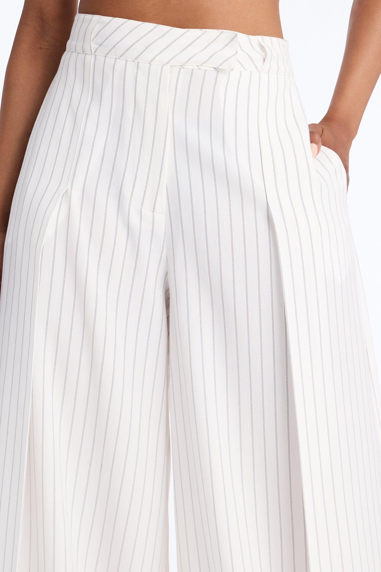 Catch A Break Pinstripe Wide Leg Pant 33″ - White/Black Female Product Image