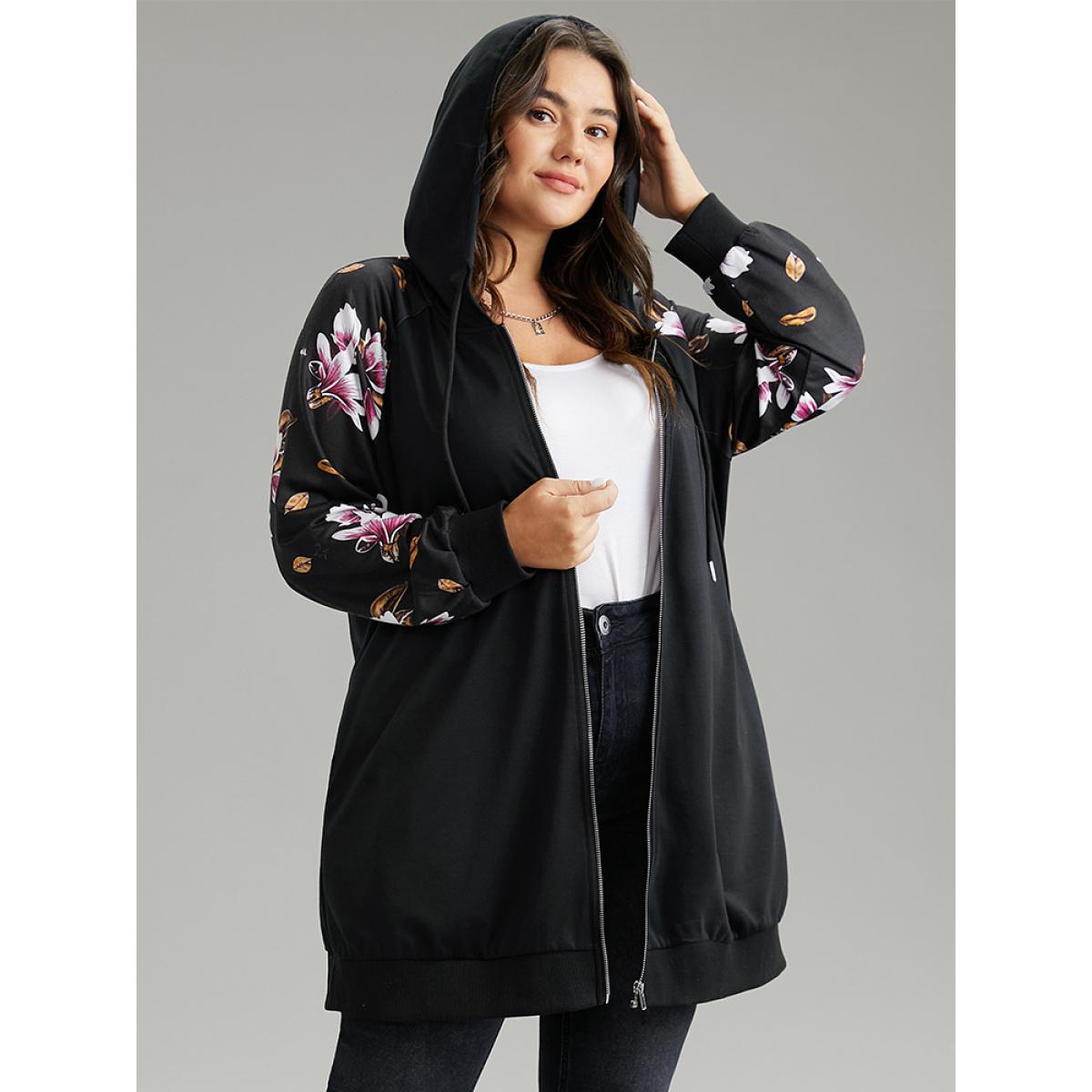 Plus Size Floral Zipper Hooded Patchwork Raglan Sleeve Sweatshirt Women Black Casual Rib Knit Hooded Dailywear Sweatshirts BloomChic 30/6X Product Image