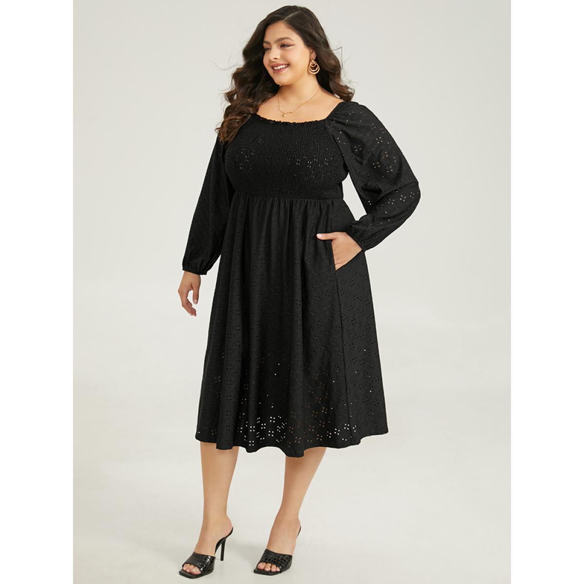 Plus Size Plain Square Neck Laser Cut Lantern Sleeve Dress Black Women Elegant Elastic cuffs Square Neck Long Sleeve Curvy Midi Dress BloomChic 12/L Product Image