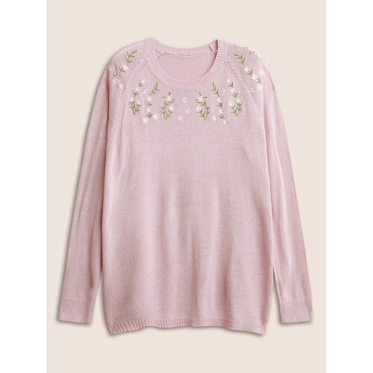 Plus Size Floral Embroidered Crew Neck Raglan Sleeve Pullover Lilac Women Elegant Long Sleeve Round Neck Everyday Pullovers BloomChic 28/5X Product Image
