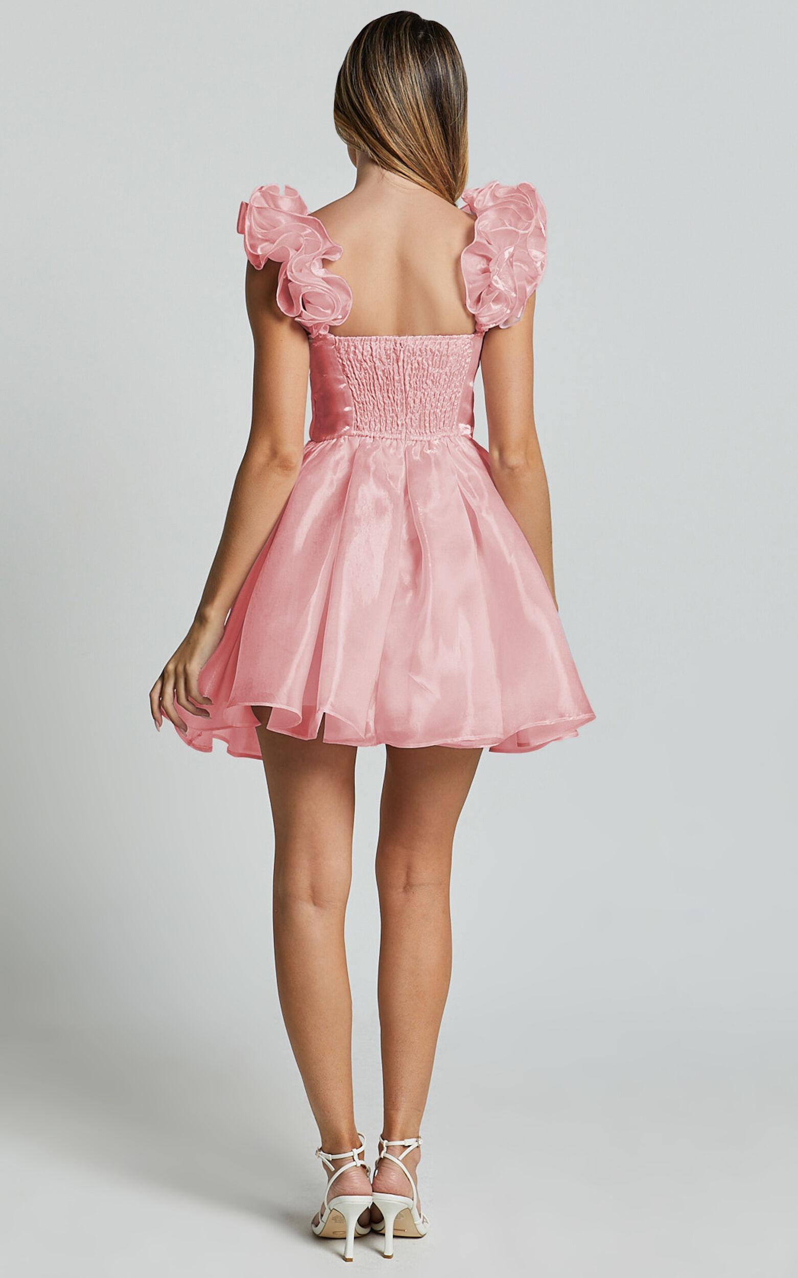 Amber Mini Dress - Sleeveless Ruffle Detail Sweetheart Pleated Dress in Pink Product Image