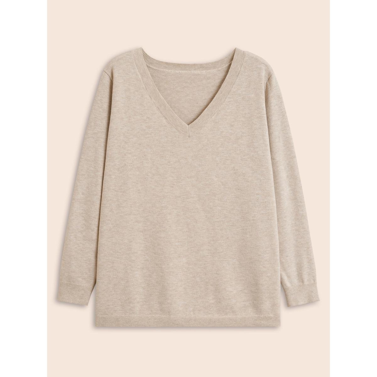 Plus Size Solid V Neck Wool Blend Pullover Champagne Women Casual Long Sleeve V-neck Everyday Pullovers BloomChic 18-20/2X Product Image
