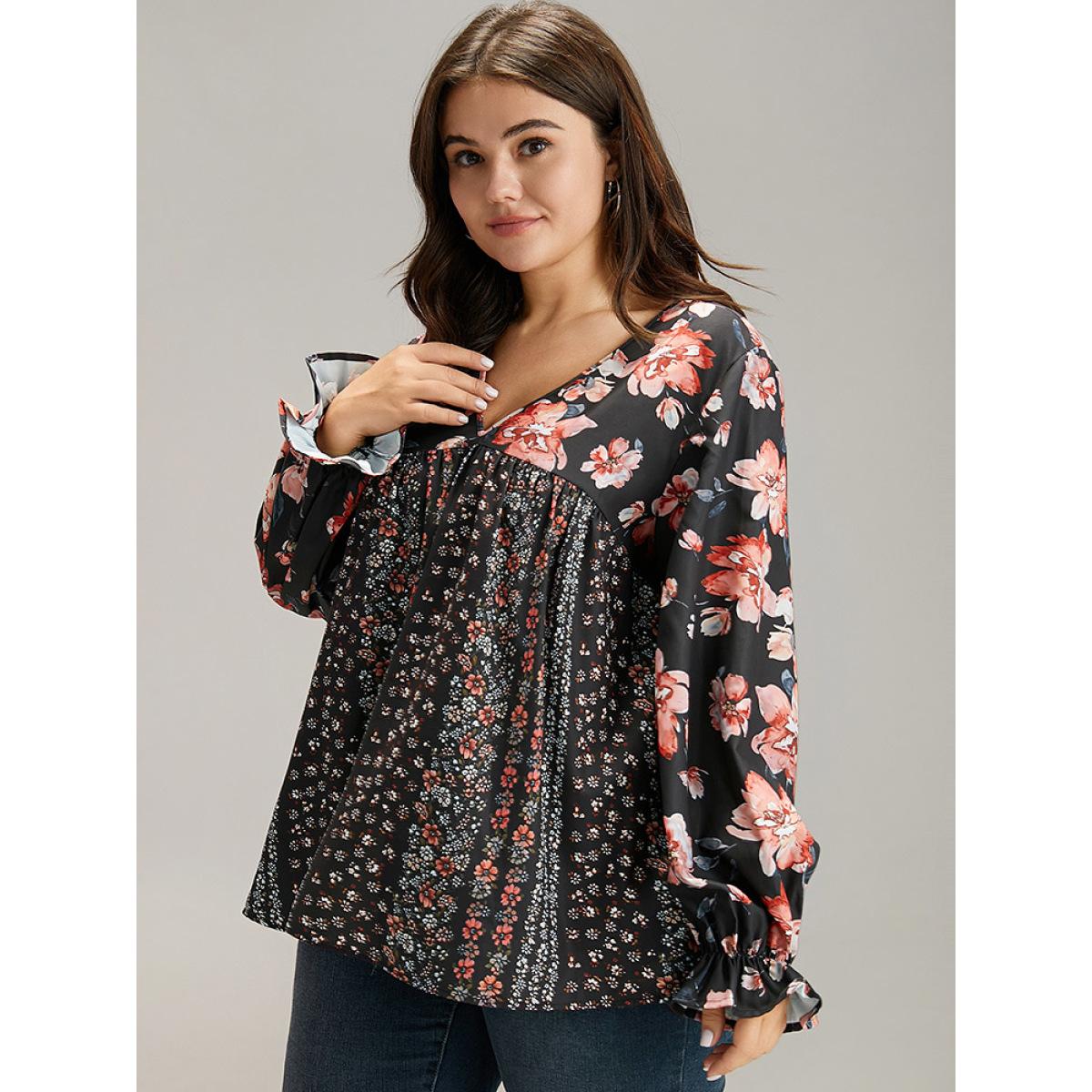 Plus Size BlackFlower Floral Print Flutter Sleeve Patchwork Blouse Women Elegant Long Sleeve V-neck Dailywear Blouses BloomChic 10/M Product Image