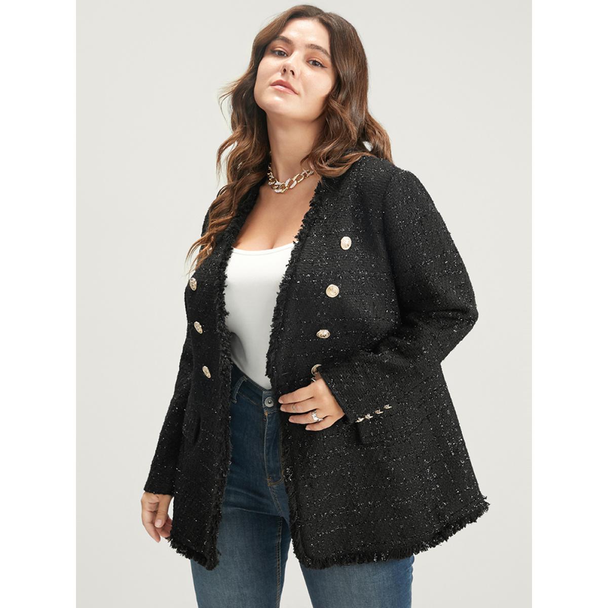 Plus Size Solid Flap Pocket Button Detail Blazer Black Women Going out Plain Button Sleeve Long Sleeve V-neck 10/M Pocket Party Blazers BloomChic Product Image