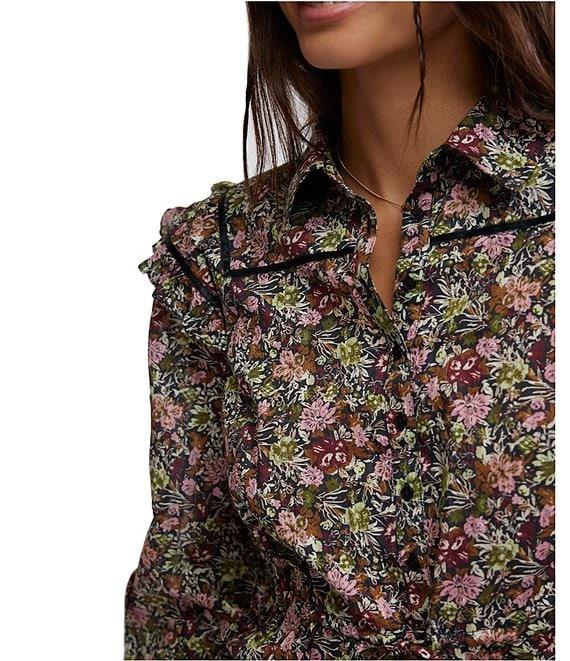 Free People Daybreak Floral Print Point Collar Neck Long Sleeve Button Front Tie Top Product Image