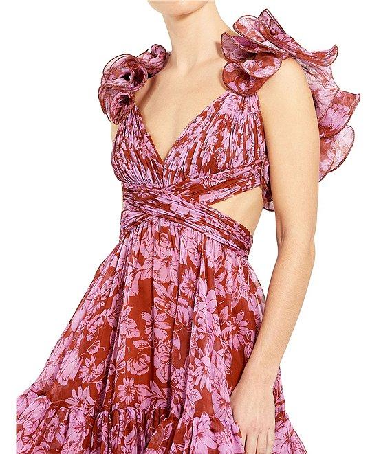 Mac Duggal V-neck Ruffle Shoulder Cut-Out Tiered Midi Dress Product Image