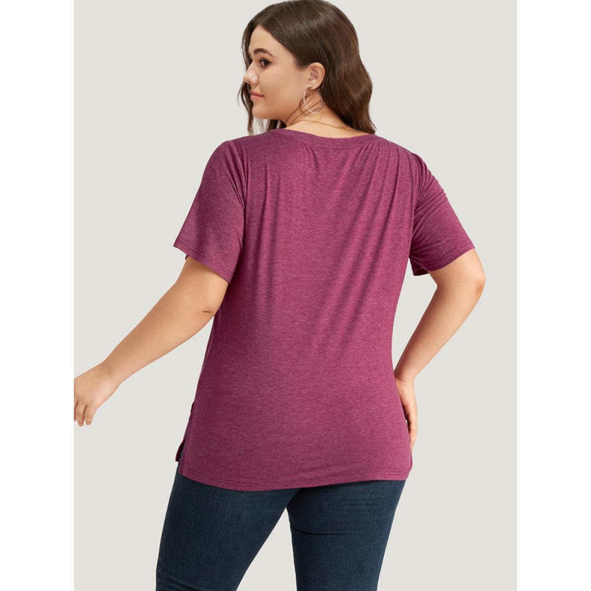 Plus Size Solid Heart Rhinestone V Neck T-shirt RedViolet Women Casual Plain Heart Print Dailywear T-shirts BloomChic 10/M Product Image