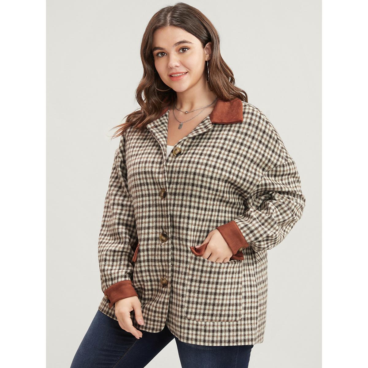 Plus Size Gingham Contrast Button Up Flap Pocket Coat Women Chocolate Casual Patchwork Ladies Dailywear Winter Coats BloomChic 14-16/1X Product Image