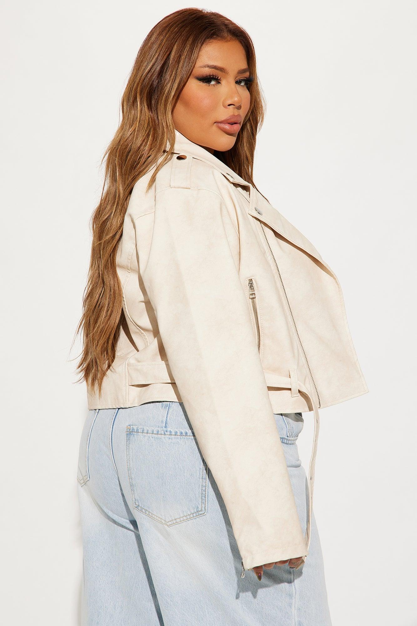 Amala Washed Faux Leather Moto Jacket - Cream Product Image