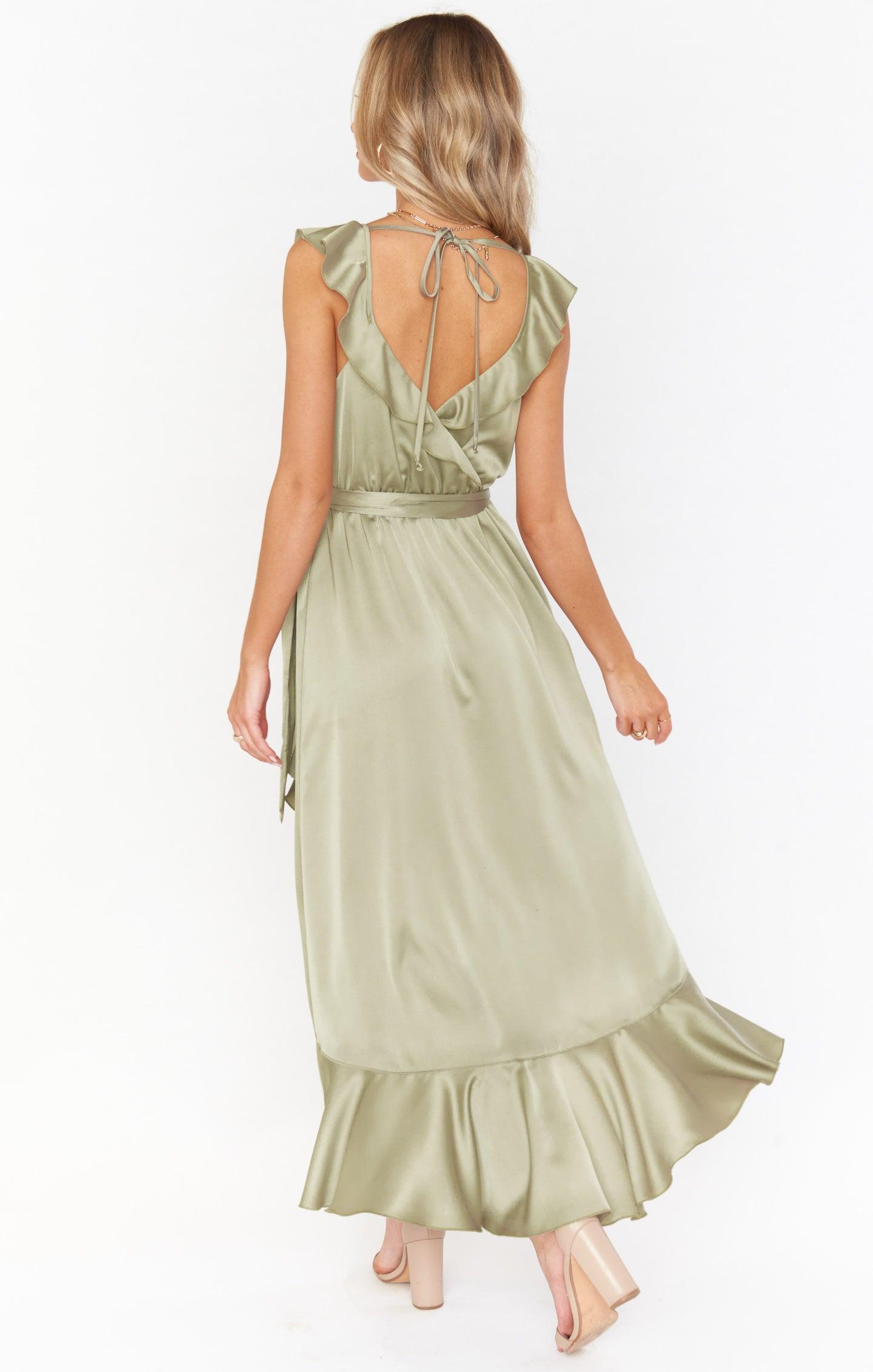 Samantha Ruffle Wrap Dress ~ Moss Green Luxe Satin Product Image