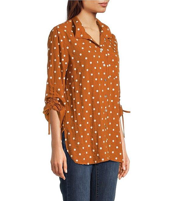 John Mark Embroidered Polka Dot Cinch Tie Sleeve Button Front Tunic Product Image