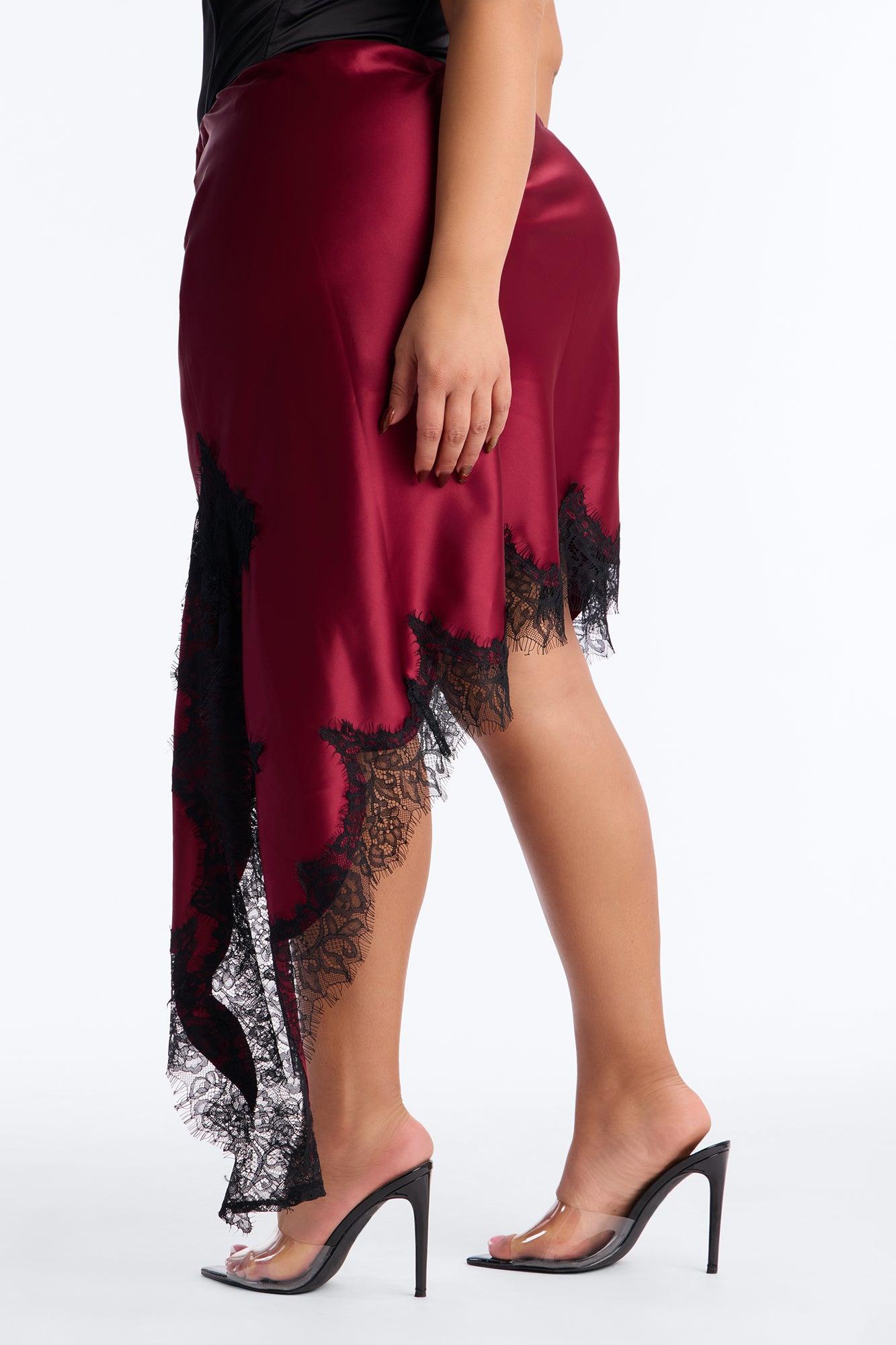 Juliette Asymmetrical Lace Trim Satin Midi Skirt - Wine Female Product Image