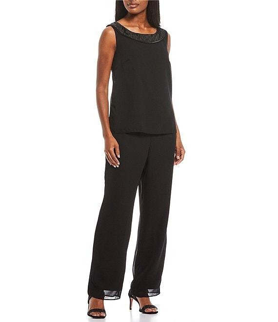 Le Bos Round Neck 3/4 Sleeve Georgette Tonal Trim Evening 3-Piece Pant Set Product Image