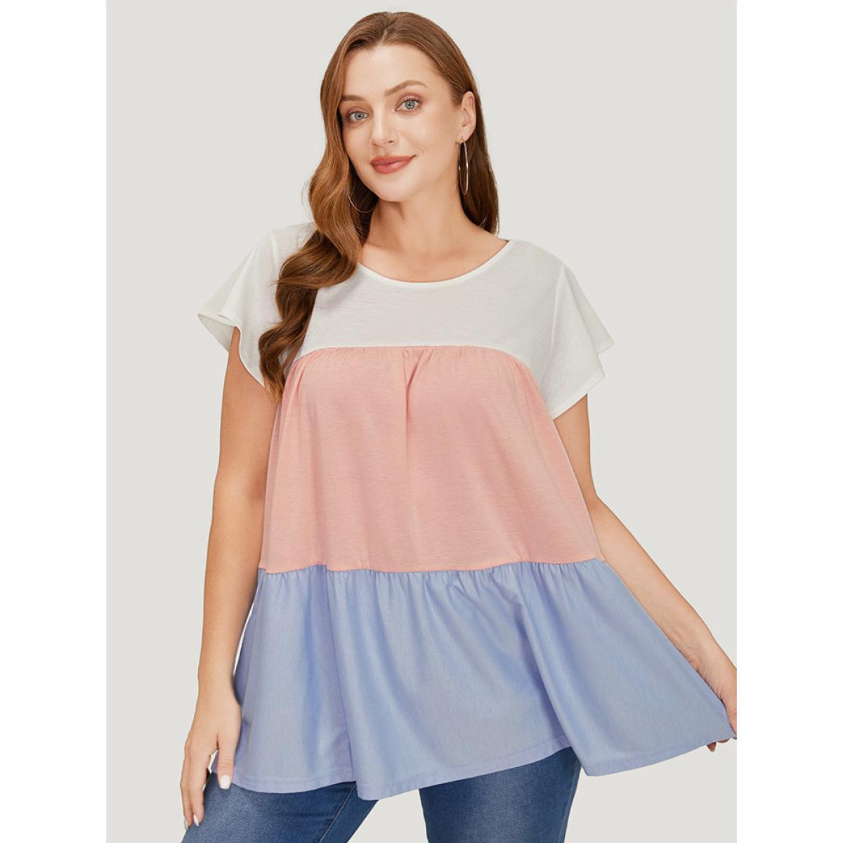 Plus Size Color Block Contrast Cap Sleeve Tank Top Women Multicolor Casual Gathered Round Neck Dailywear Tank Tops Camis BloomChic 22-24/3X Product Image