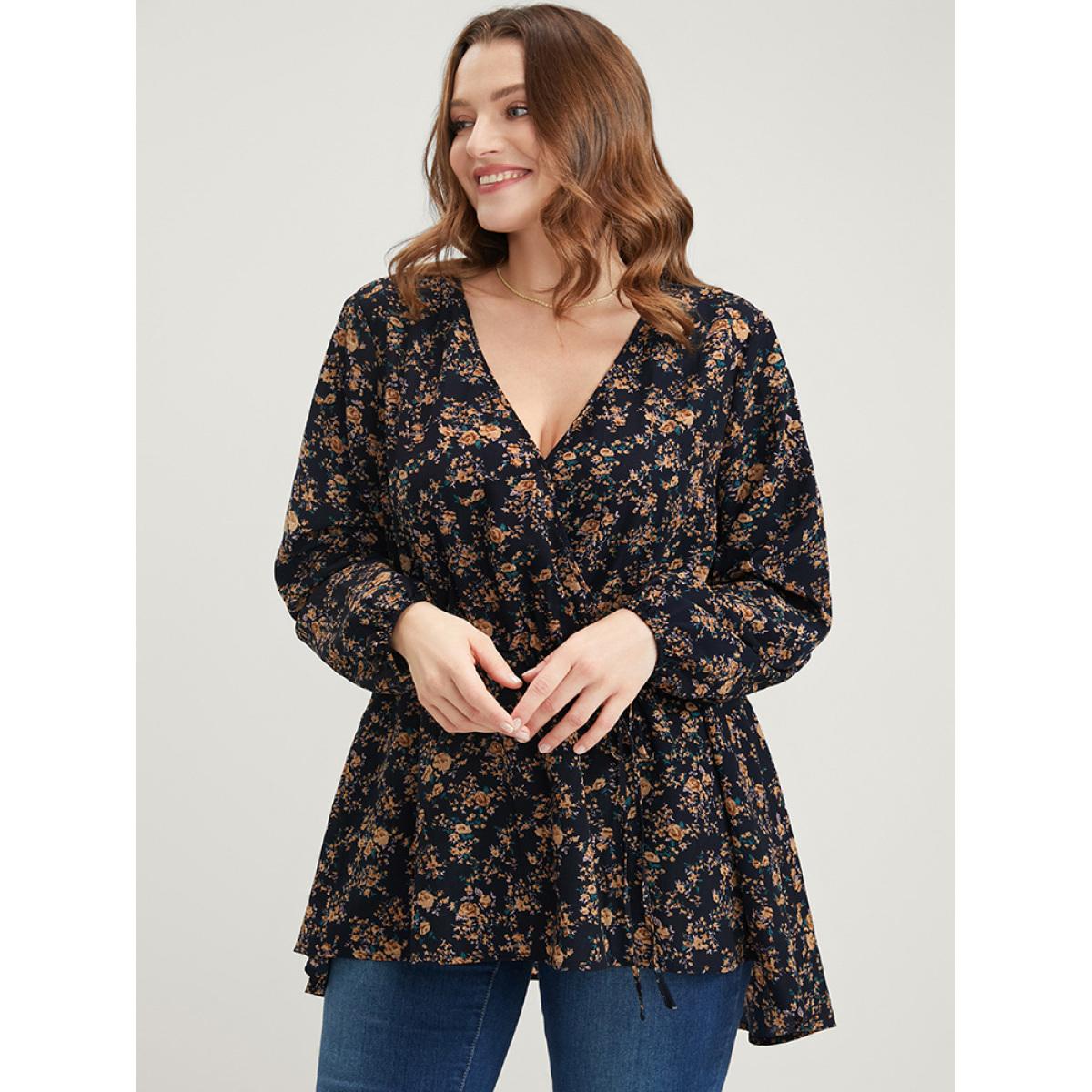 Plus Size Indigo Floral Wrap Lantern Sleeve High Low Hem Blouse Without Hat Women Elegant Long Sleeve V-neck Dailywear Blouses BloomChic 26/4X Product Image