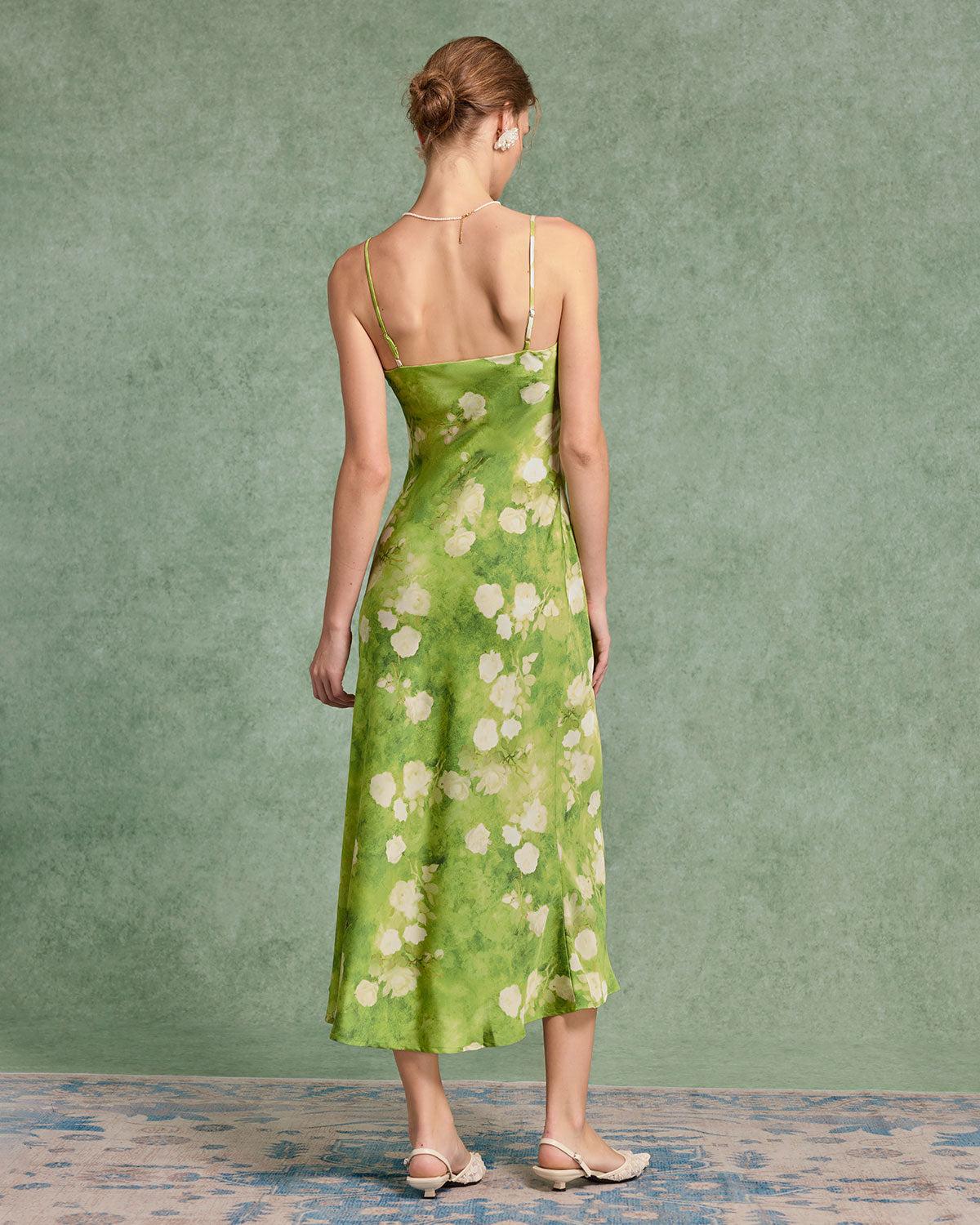 Green Floral A-Line Slip Midi Dress Product Image