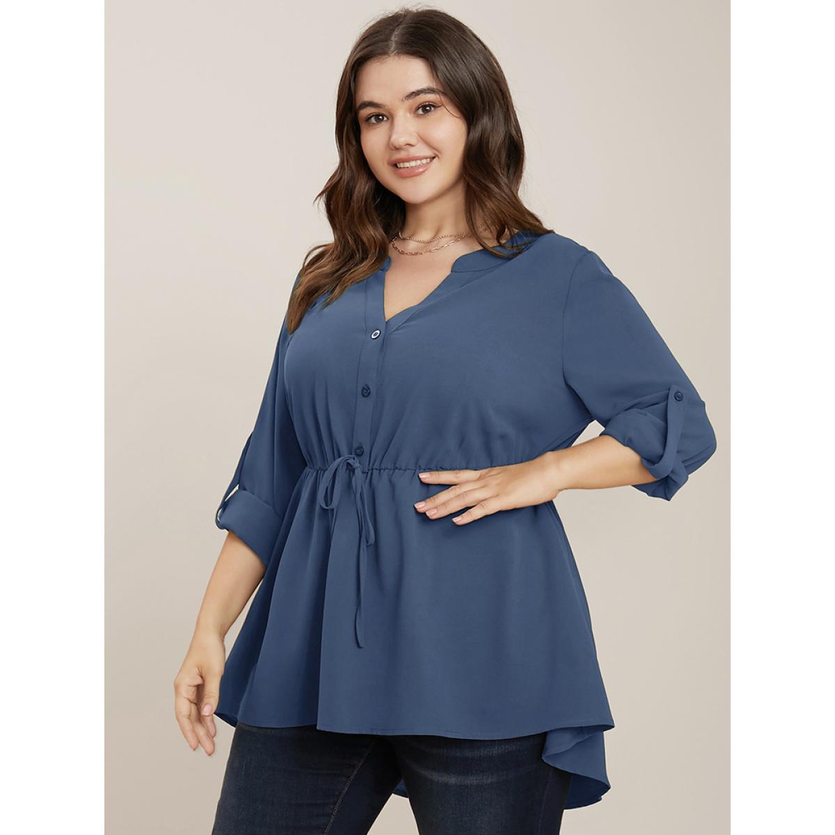 Plus Size Stone Plain Knotted Cuffed Sleeve Ruffles Asymmetrical Hem Blouse Women Office Elbow-length sleeve Shirt collar Work Blouses BloomChic 10/M Product Image