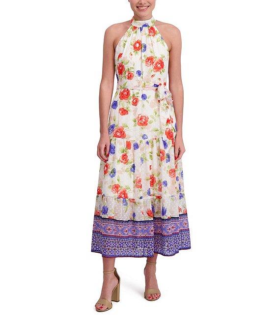 Anne Klein Halter Neck Sleeveless Floral Print Maxi Dress Product Image