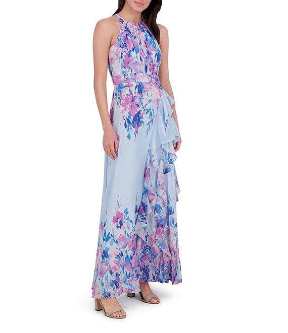 Eliza J Chiffon Floral Print Halter Neck Sleeveless Ruffle Gown Product Image