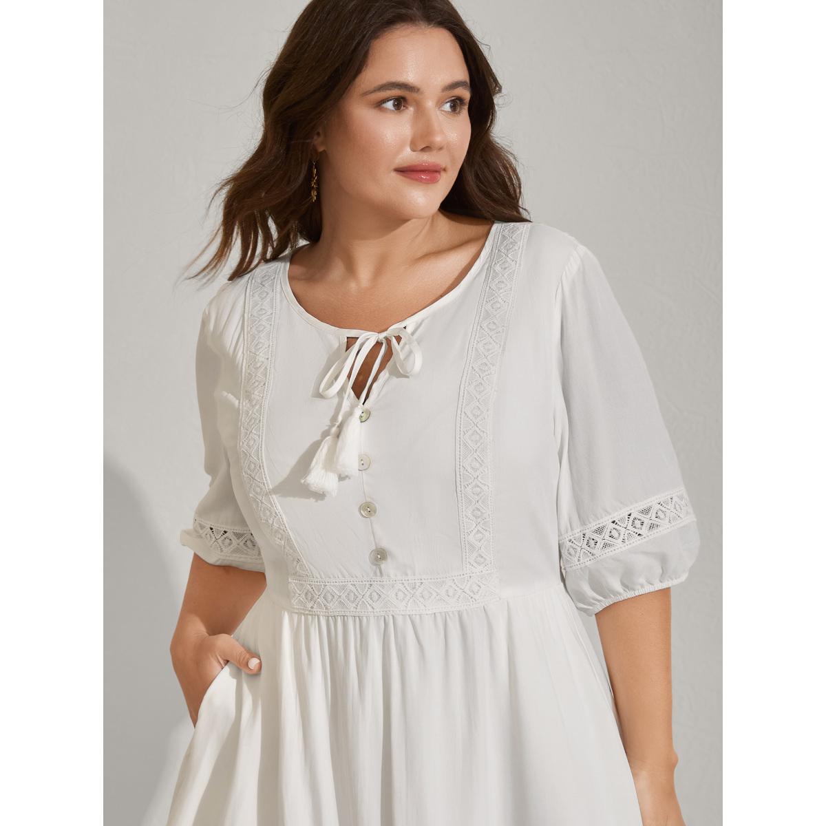 Plus Size Rayon Lace Trim Cinched-Waist Midi Dress Ivory Women Notched collar Half Sleeve Curvy BloomChic 26/4X Product Image