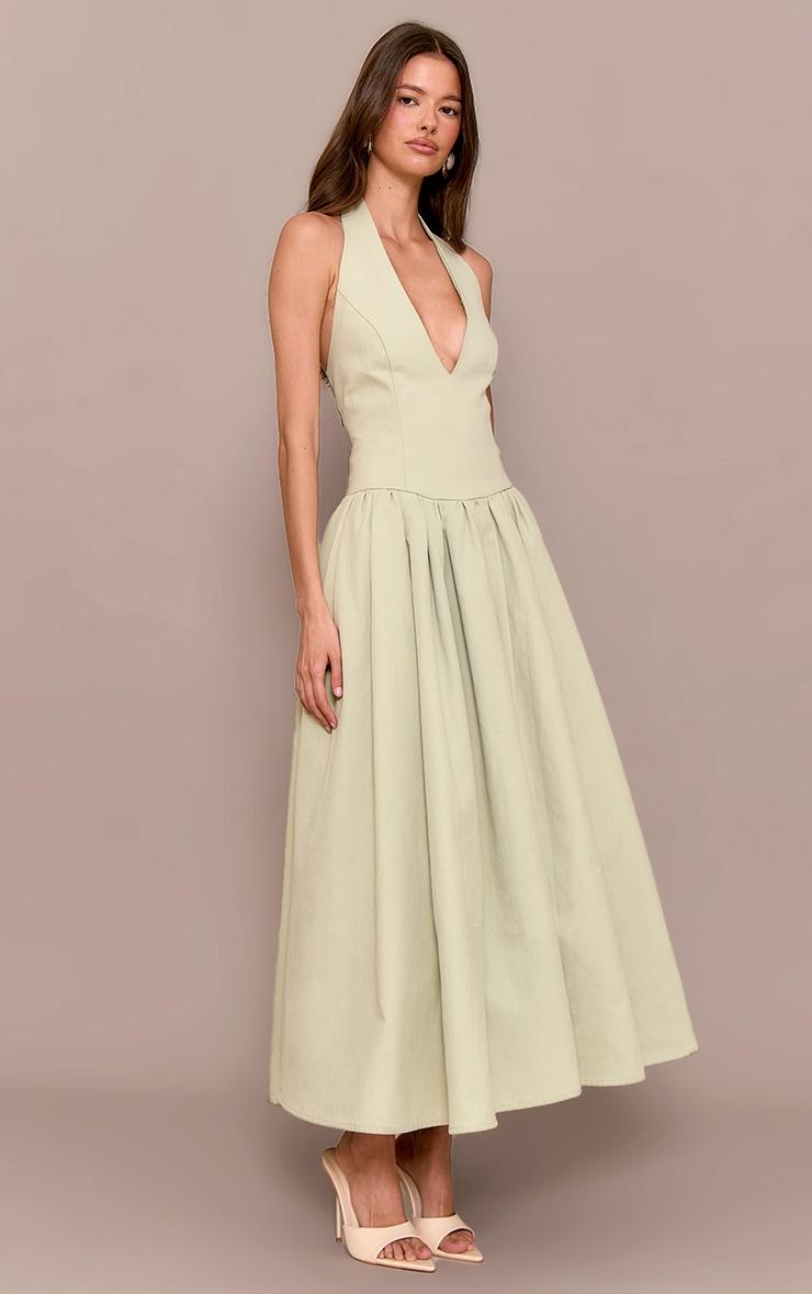 Sage Green Halterneck Tie Detail Ruched Midaxi Dress Product Image