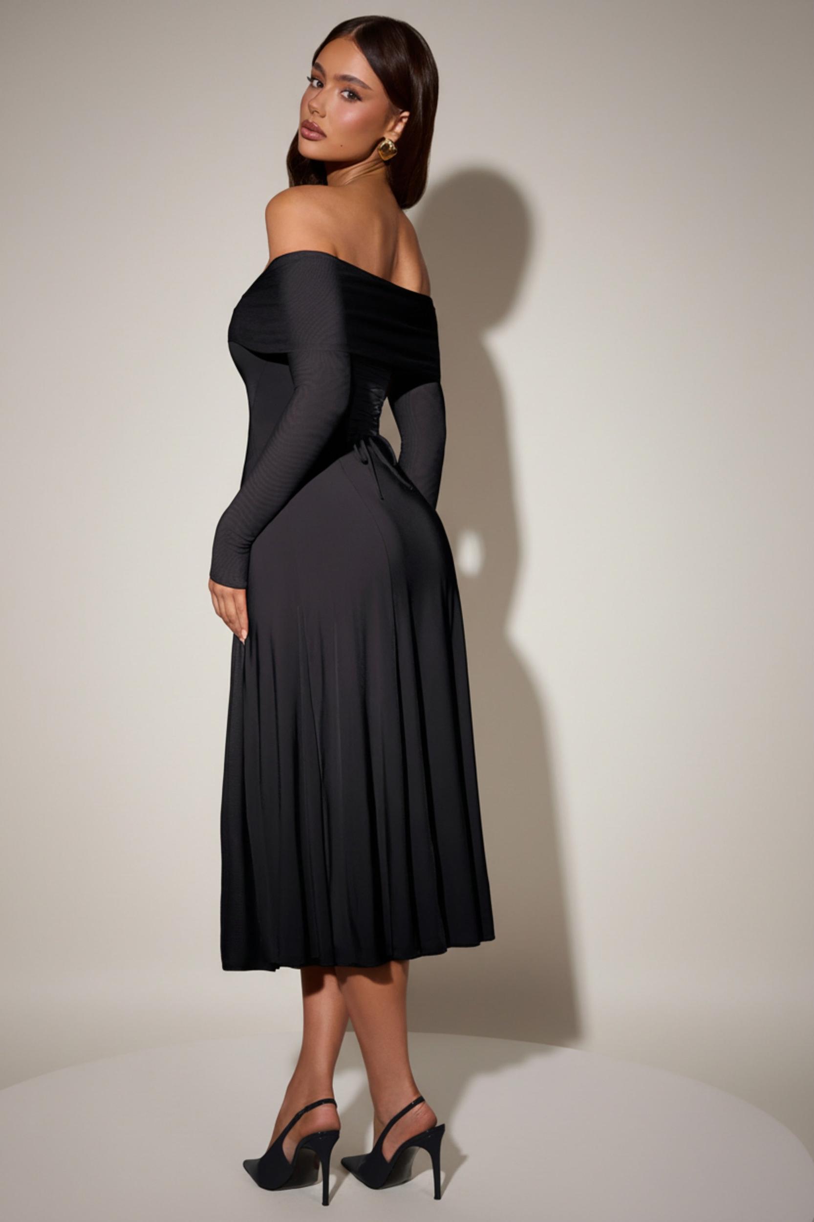 Off-Shoulder Lace-Up A-Line Midaxi Dress in Black Product Image