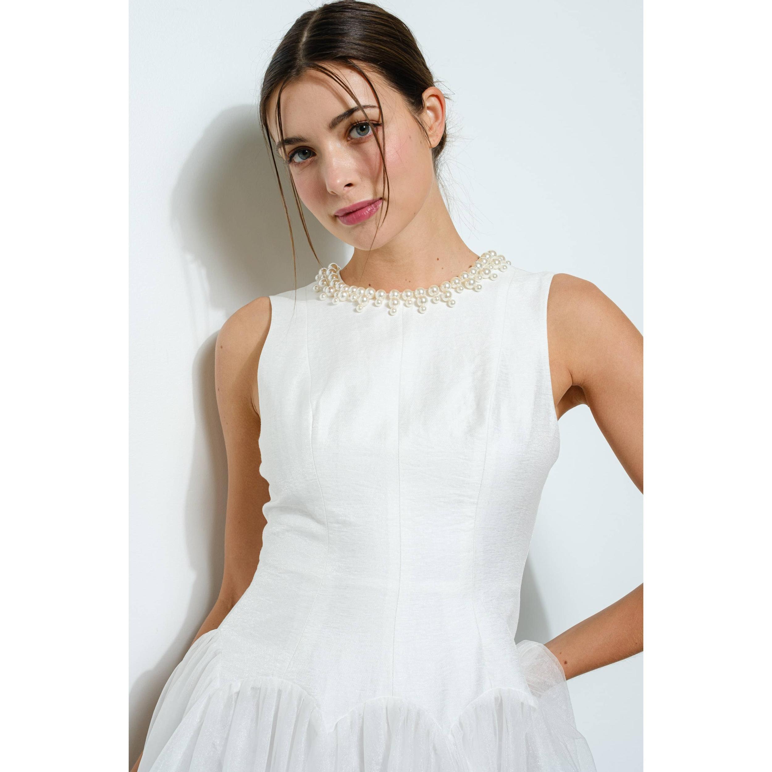 Pearl Embellished Tulle Midi Dress Product Image