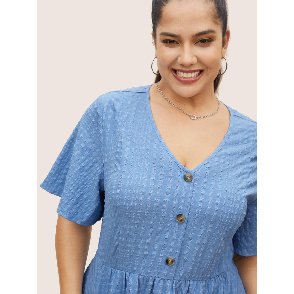 Plus Size Solid Textured Jacquard Pocket Dress Cerulean Women Casual Texture V-neck Short sleeve Curvy BloomChic 22-24/3X Product Image
