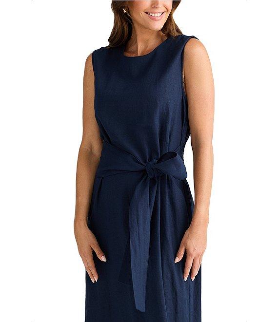 Brave + True Linen Blend Sleeveless Tie Front Smocked Back Midi Dress Product Image