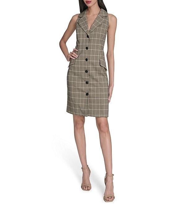 Vince Camuto Plaid Print V-Neck Sleeveless Shift Dress Product Image