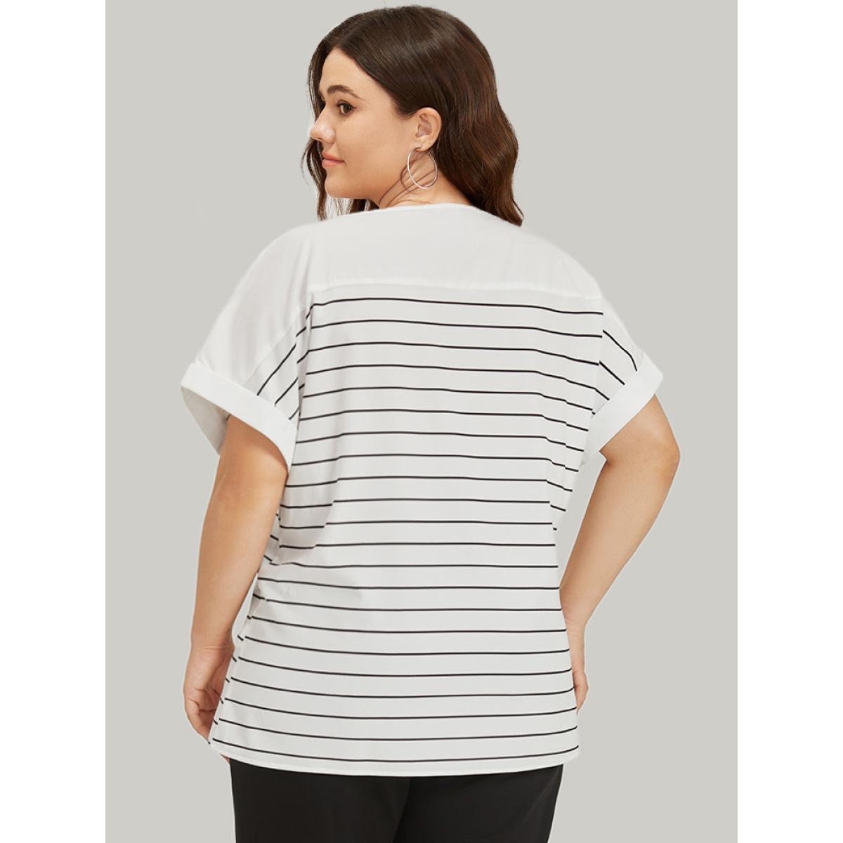 Plus Size White Striped Patchwork Roll Batwing Sleeve Blouse Women Office Short sleeve Round Neck Work Blouses BloomChic 22-24/3X Product Image
