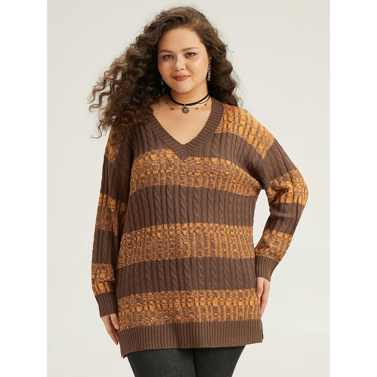 Plus Size Halloween Colorblock Plisse Split Side Pullover Bronze Women Casual Loose Long Sleeve V-neck Festival-Halloween Pullovers BloomChic 10/M Product Image