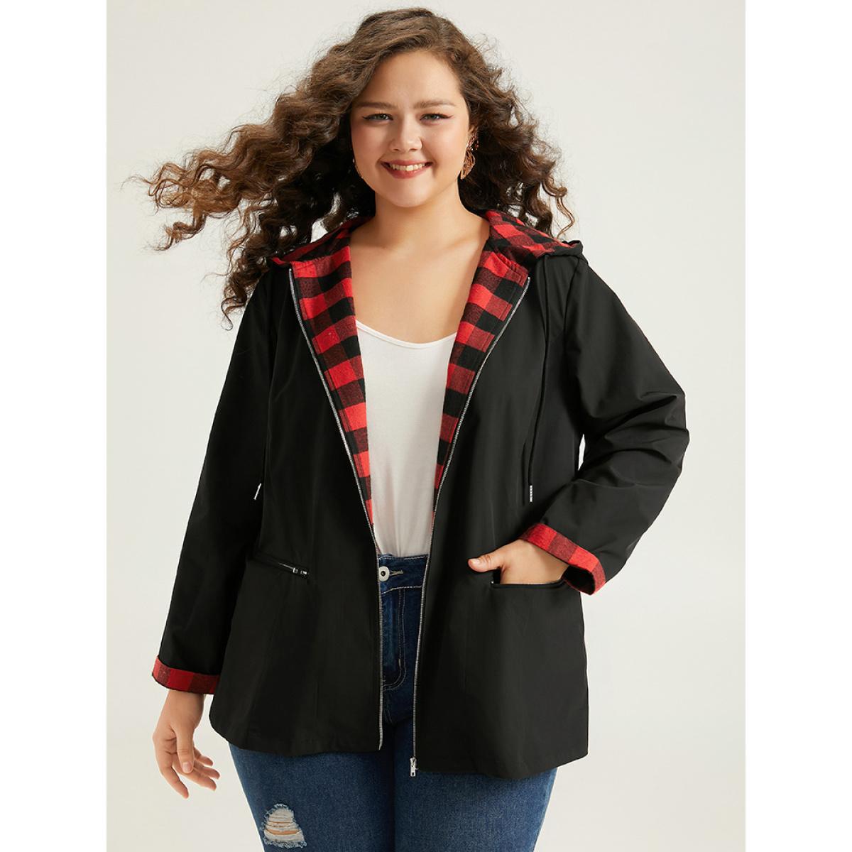 Plus Size Halloween Zipper Drawstring Plaid Contrast Patchwork Jacket Women Black Contrast Pocket Dailywear Jackets BloomChic 10/M Product Image