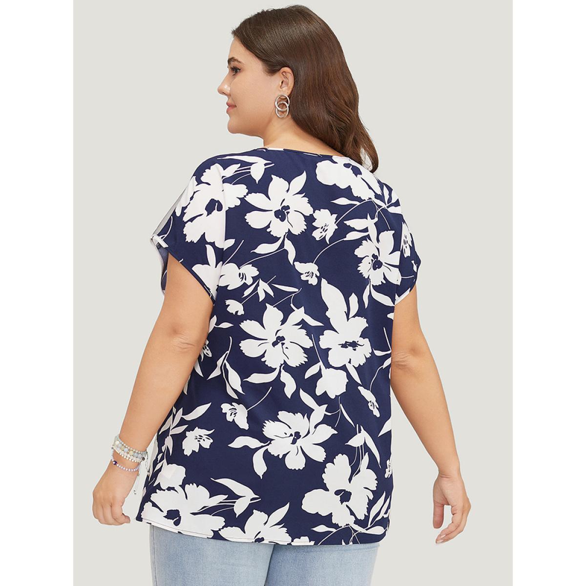 Plus Size DarkBlue Floral Mesh Insert Dolman Sleeve Blouse Women Elegant Short sleeve V-neck Dailywear Blouses BloomChic 18-20/2X Product Image