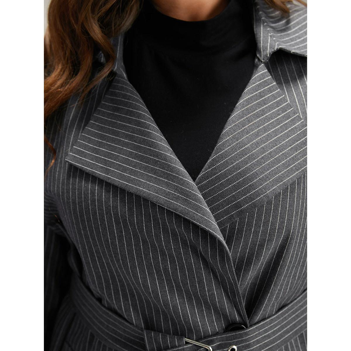 Plus Size Striped Belted Lapel Collar Tunic Coat Women DimGray Casual Belted Ladies Dailywear Winter Coats BloomChic 22-24/3X Product Image