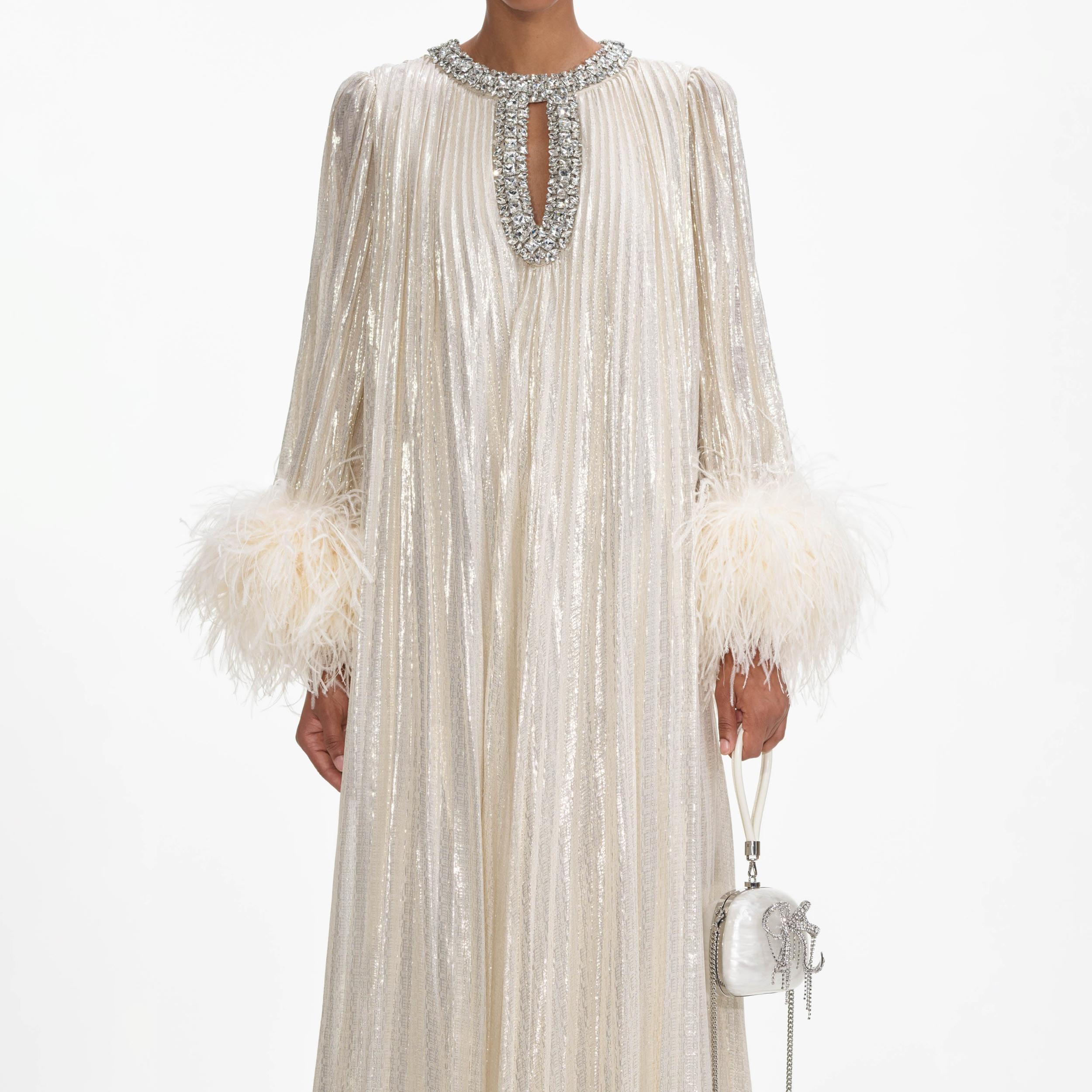 Gold Metallic Feather Maxi Dress Product Image