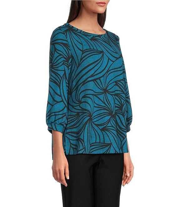 Ali Miles Petite Size Brushed Knit Stripe Round Neck 3/4 Cuff Sleeve Tunic Product Image