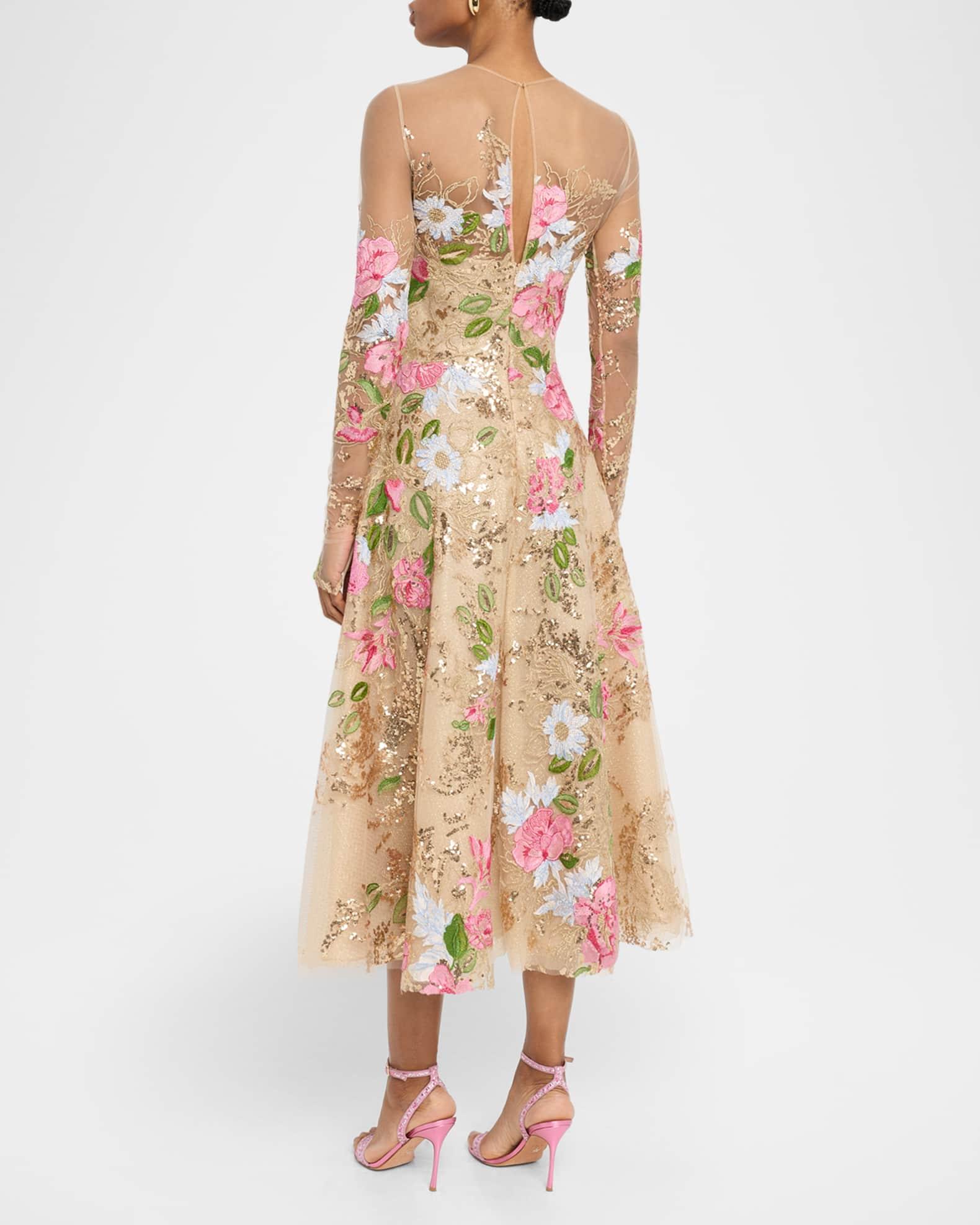 Floral Embroidered Long-Sleeve Tea-Length Dress Product Image