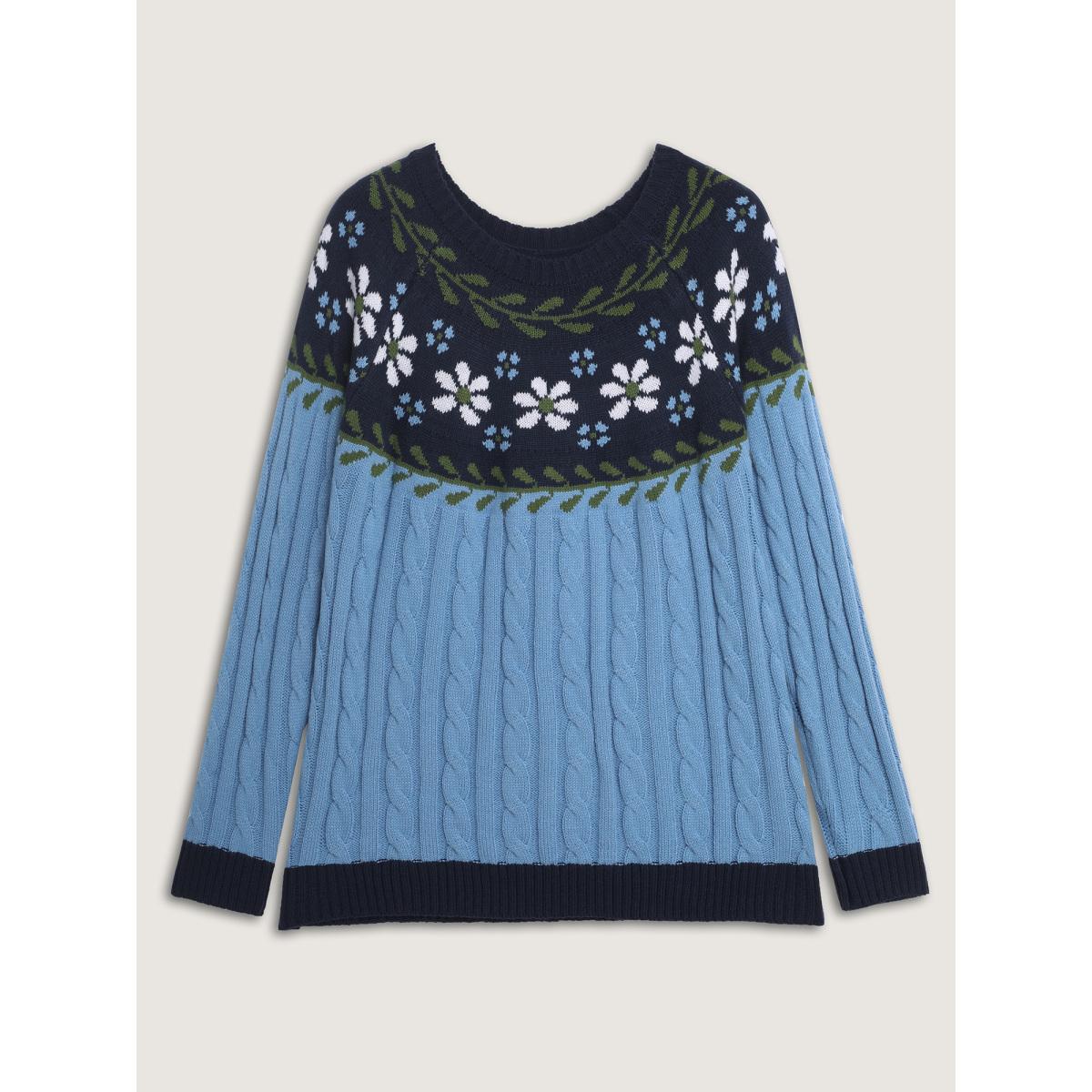 Plus Size Cable Knit Jacquard Floral Contrast Pullover LightBlue Women Playful Loose Long Sleeve Round Neck Casual Pullovers BloomChic 30/6X Product Image