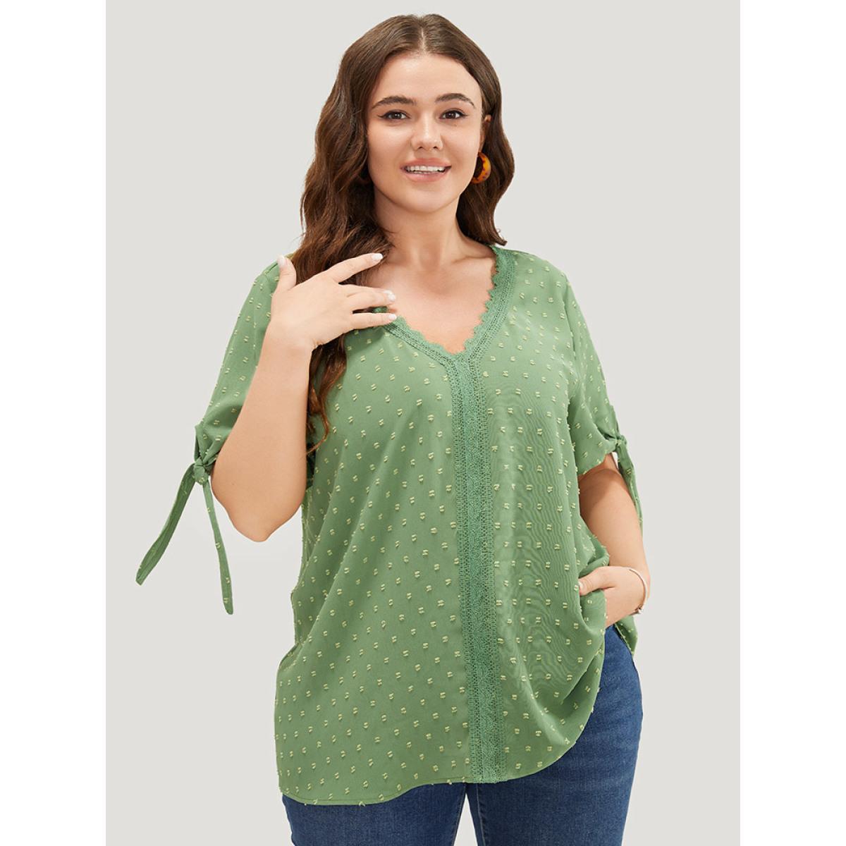 Plus Size Moss Polka Dot Knotted Sleeve Lace Blouse Women Elegant Short sleeve V-neck Dailywear Blouses BloomChic 10/M Product Image