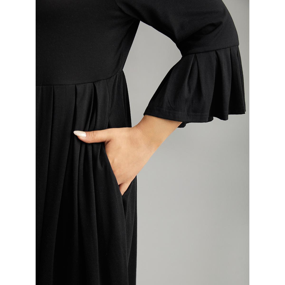 Plus Size Supersoft Essentials Solid Ruffles Pleated Dress Black Women Casual Pleated Round Neck Elbow-length sleeve Curvy Midi Dress BloomChic 28/5X Product Image