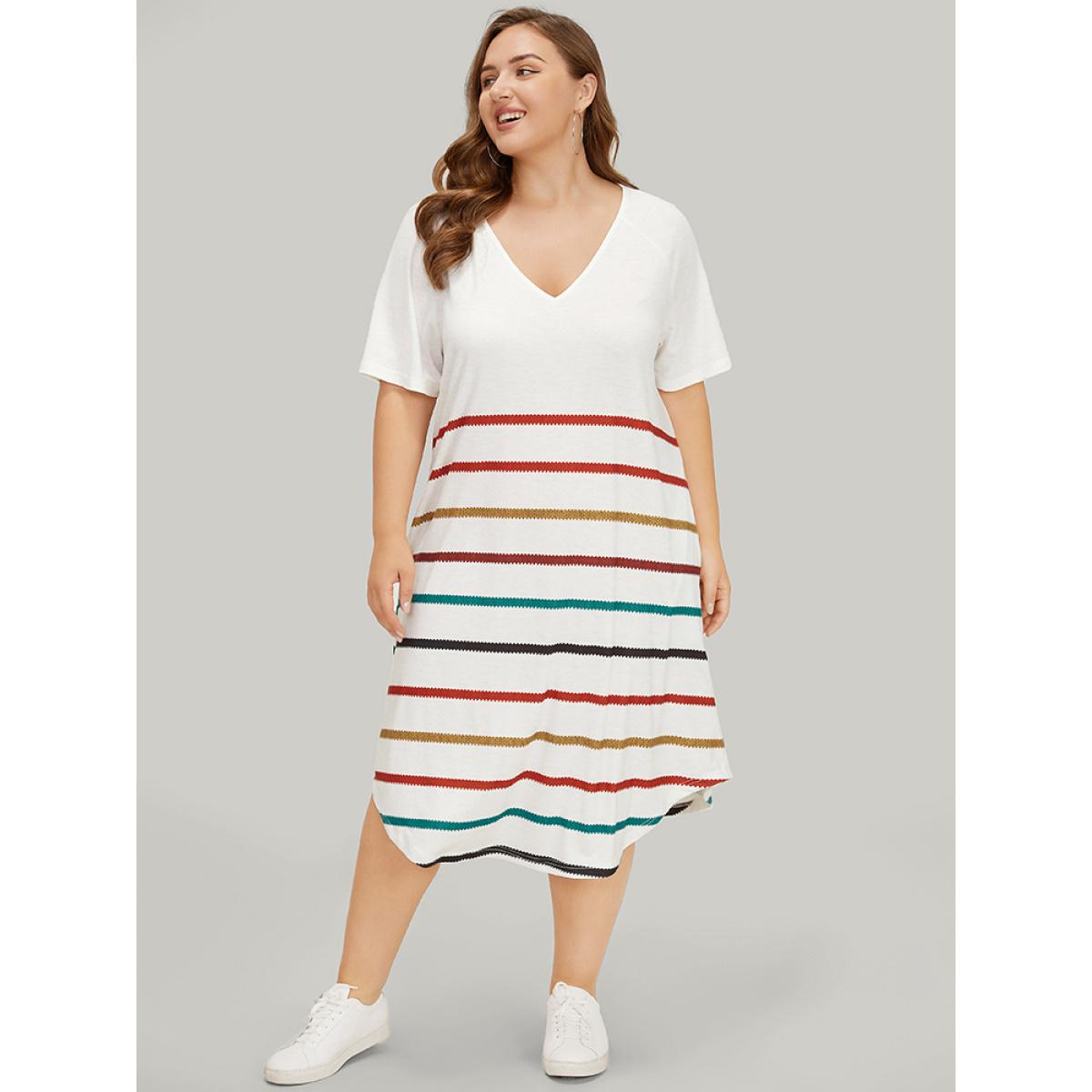 Plus Size Rainbow Striped Pocket Curved Hem Dress White Women Casual Contrast V-neck Short sleeve Curvy Midi Dress BloomChic 18-20/2X Product Image